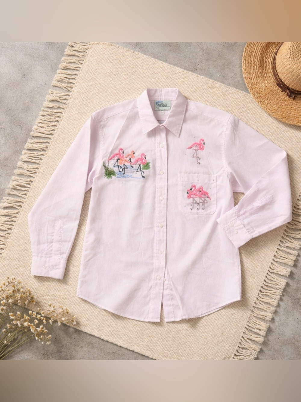 Vintage Flaminggo Pink Patch Pin stripe Long sleeve